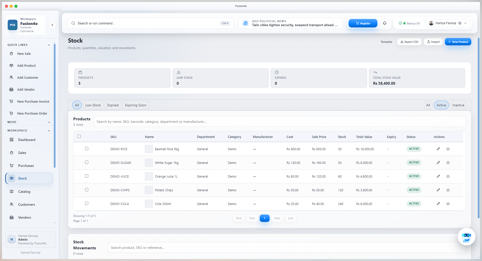 Fusion4o stock screen with products, quantities, stock value, low stock filters, and CSV import export