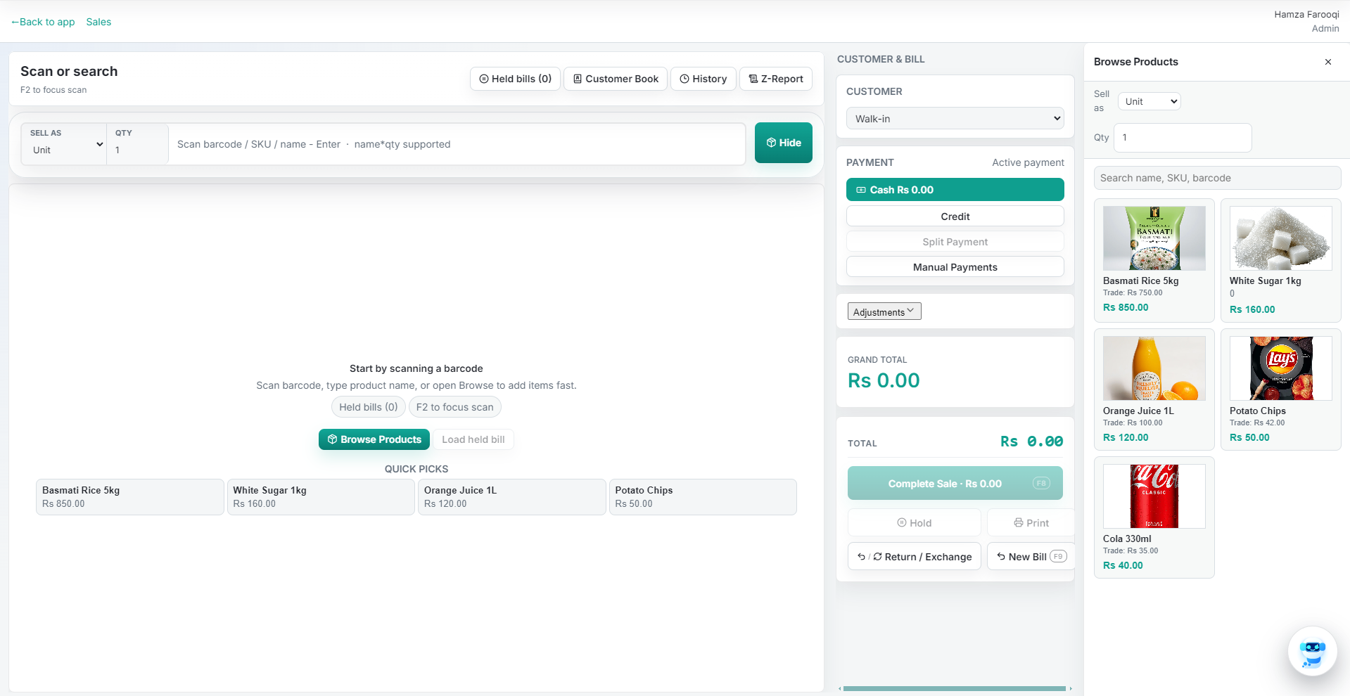 Fusion4o POS register screen with barcode scan, quick picks, payment methods, and receipt actions