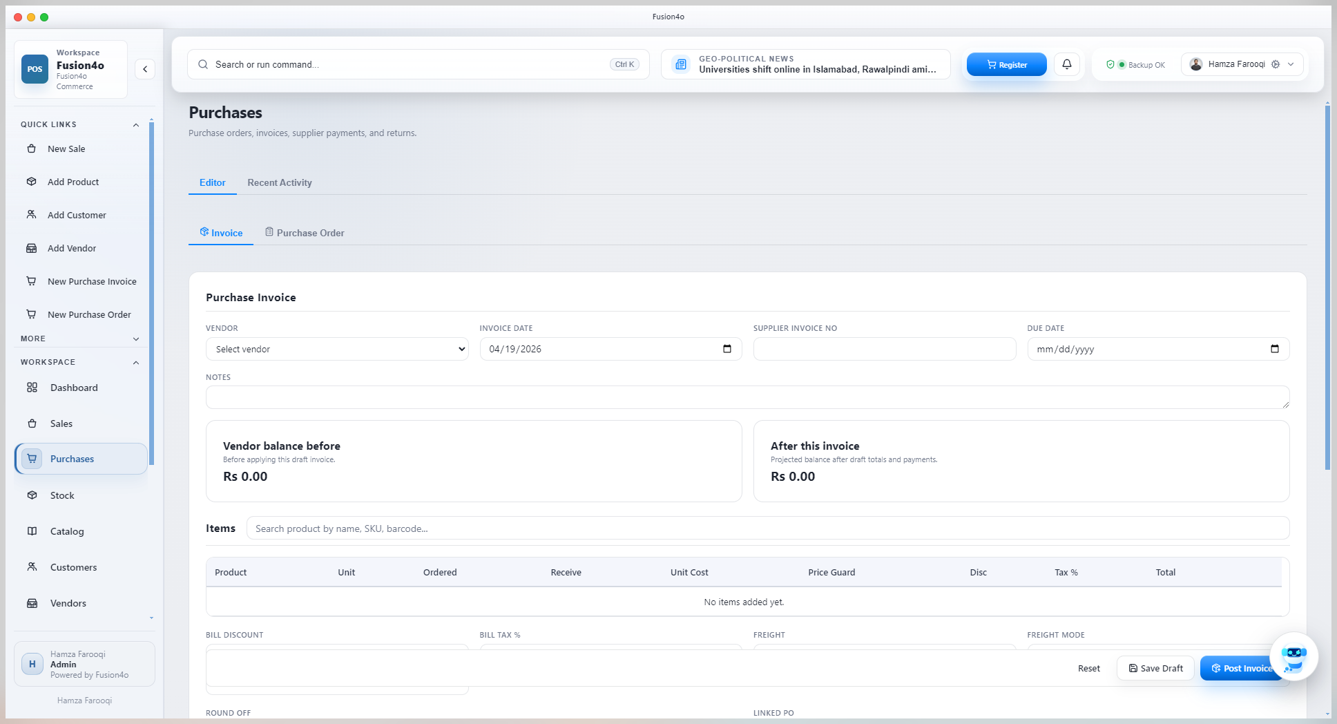 Fusion4o purchase invoice screen with vendor, invoice date, item entry, totals, and post invoice action