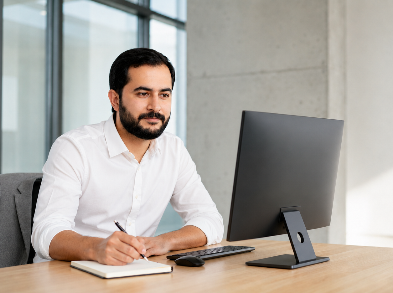 Hamza Farooqi at his desk, writing